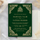 Invitation Floral Ornate Vert Or islamique Mariage musulman<br><div class="desc">Invitation vos invités avec ce faire-part de mariage de style islamique avec un cadre floral complexe et "Bismillah" en calligraphie arabe sur un arrière - plan vert foncé. Ajoutez simplement les détails de votre événement sur ce modèle facile à utiliser pour en faire une invitation unique. Cette invitation est entièrement...</div>