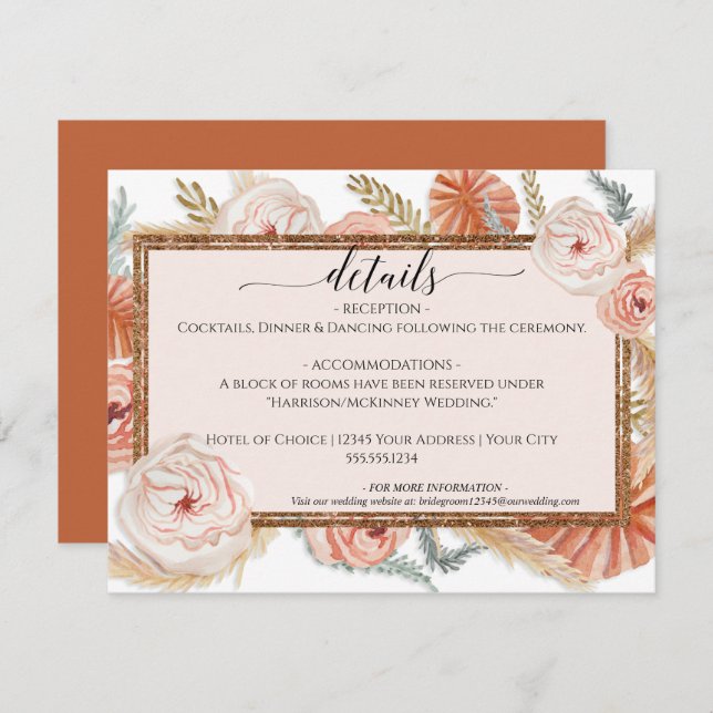 Invitation Floral Pampas Foliage Burnt Orange Détails Mariage (Devant / Derrière)