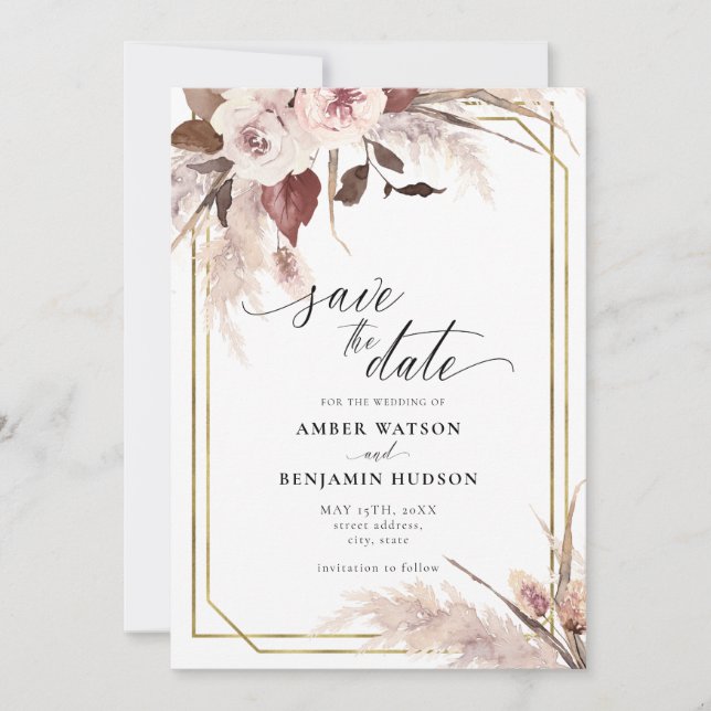 Invitation Floral Pampas Grass Boho Mariage Enregistrer La Da (Devant)