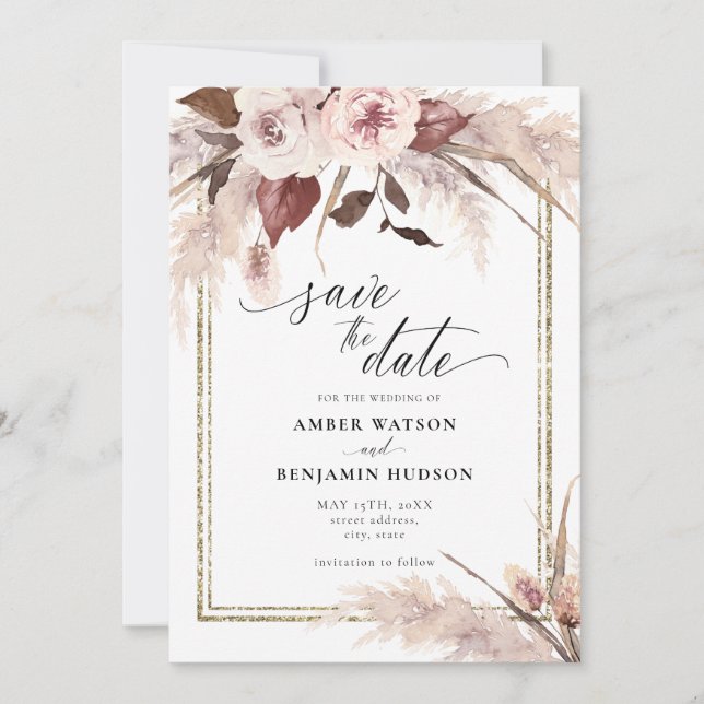 Invitation Floral Pampas Grass Boho Mariage Enregistrer La Da (Devant)