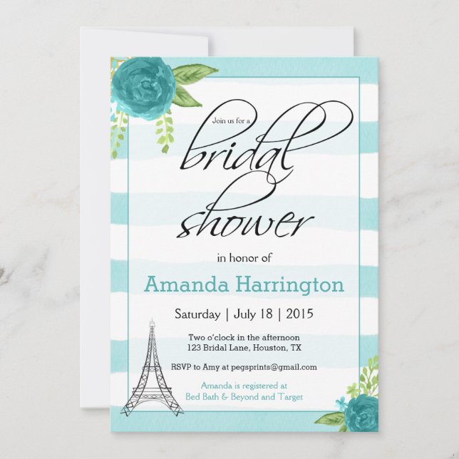 Invitation Floral Paris Bridal Douche - Aquarelle (Devant)