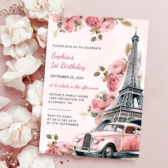 Invitation Floral Paris Tour Eiffel 1er anniversaire (Créateur téléchargé)
