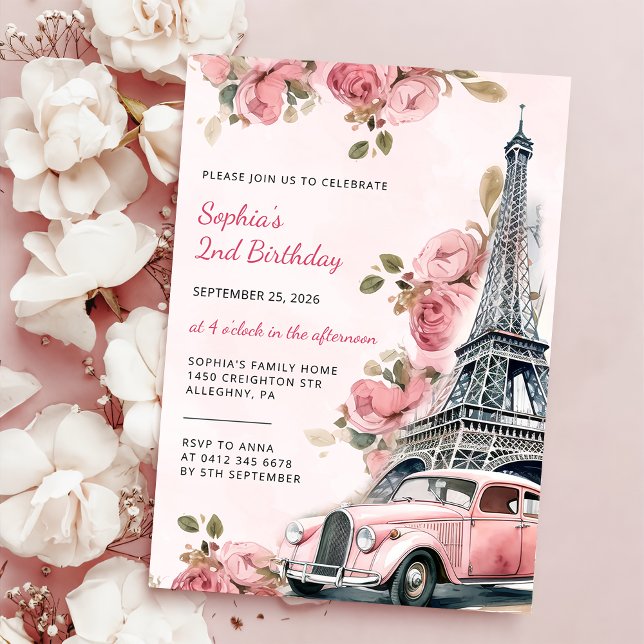 Invitation Floral Paris Tour Eiffel 2e fête d'anniversaire (Créateur téléchargé)