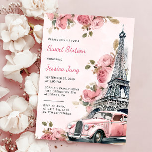 Invitation Floral Paris Tour Eiffel Sweet 16 Anniversaire