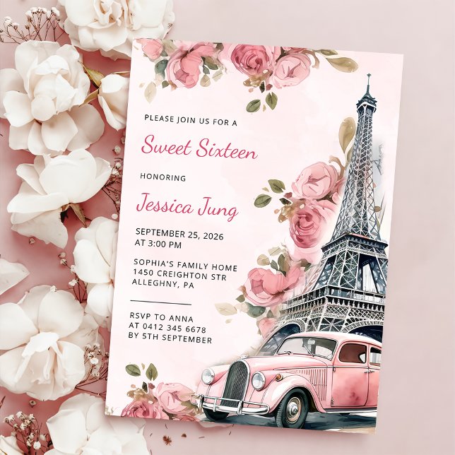 Invitation Floral Paris Tour Eiffel Sweet 16 Anniversaire (Créateur téléchargé)