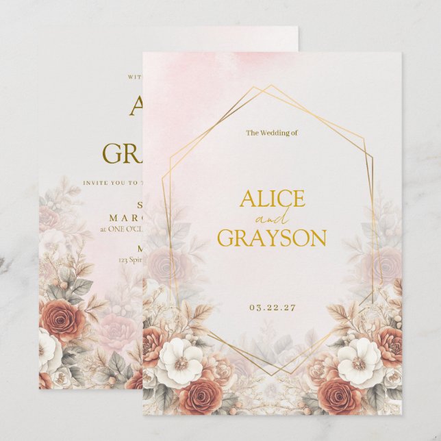 Invitation Floral Pastel Elegant Boho Watercolor Wedding  (Devant / Derrière)