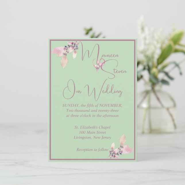 Invitation Floral Pastel Green & Mauve Mariage (Debout devant)