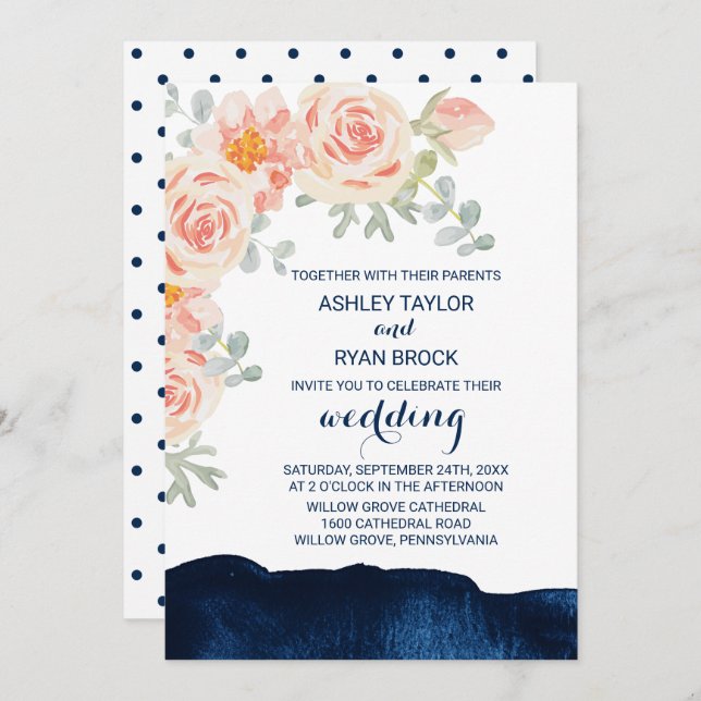Invitation Floral Peach Pink et Navy Mariage aquarelle (Devant / Derrière)