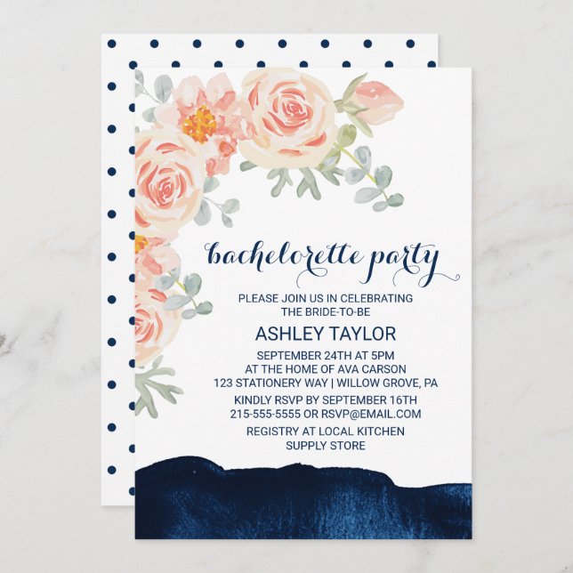 Invitation Floral Pêche & Navy Watercolor Bachelorette Party (Devant / Derrière)