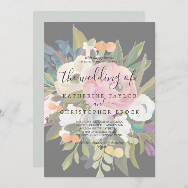 Invitation Floral peint | Faded Dark Grey Le Mariage de (Devant / Derrière)