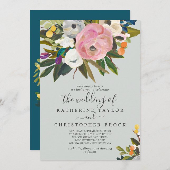 Invitation Floral peint | Monogramme Le Mariage de (Devant / Derrière)