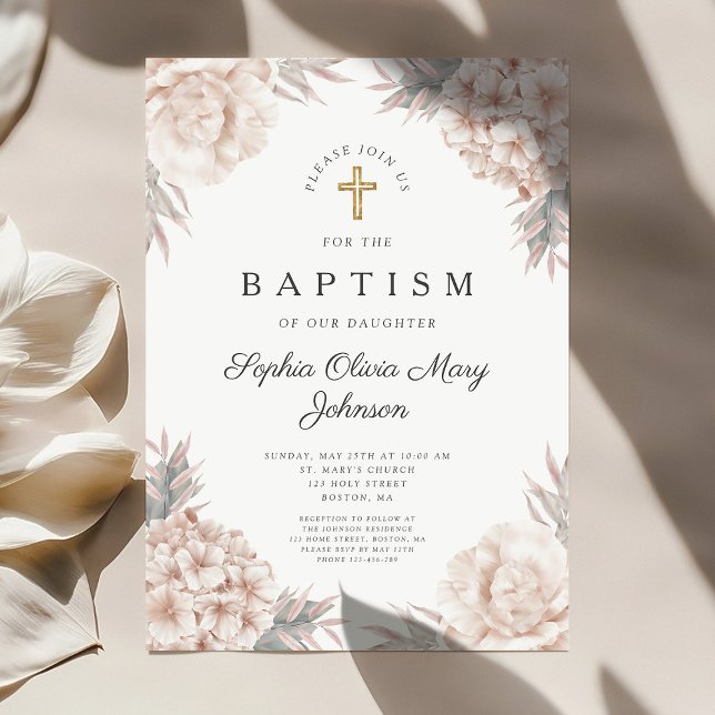 Invitation Floral Peonies Gold Cross Girl Baptême religieux (Floral Peonies Gold Cross Girl Religious Baptism Invitation)