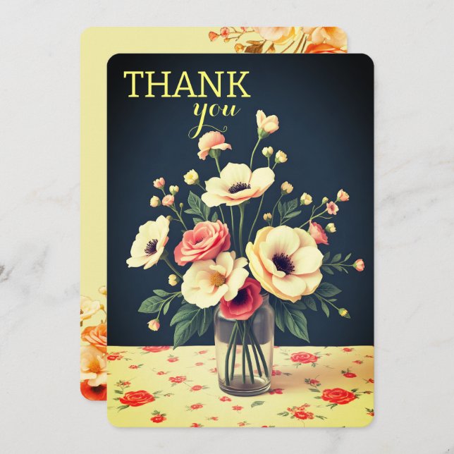 Invitation Floral Personalized Yellow Flat Thank You Card (Devant / Derrière)