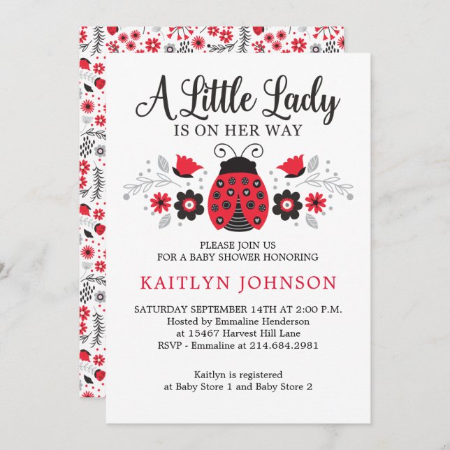 Invitation Floral Petite Dame Ladybug Baby shower fille (Devant / Derrière)