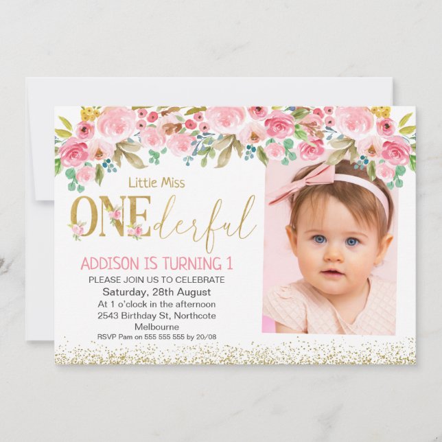 Invitation Floral Photo Little Miss Onederday (Devant)