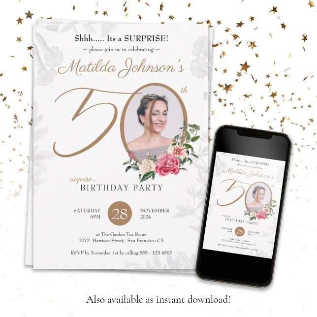 Invitation Floral Photo Surprise 50e anniversaire (Surprise 50th Birthday Chic Floral Botanical Photo Invitation)