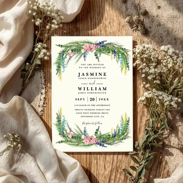 Invitation Floral Pine Rustic Country Elegant QR Code Wedding (Créateur téléchargé)