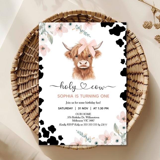 Invitation Floral Pink Black Highland Cow Holy Cow Birthday (Holy Cow Birthday Invitation, Highland Cow Birthday Invitation, Floral Holy Cow Invitation Template)