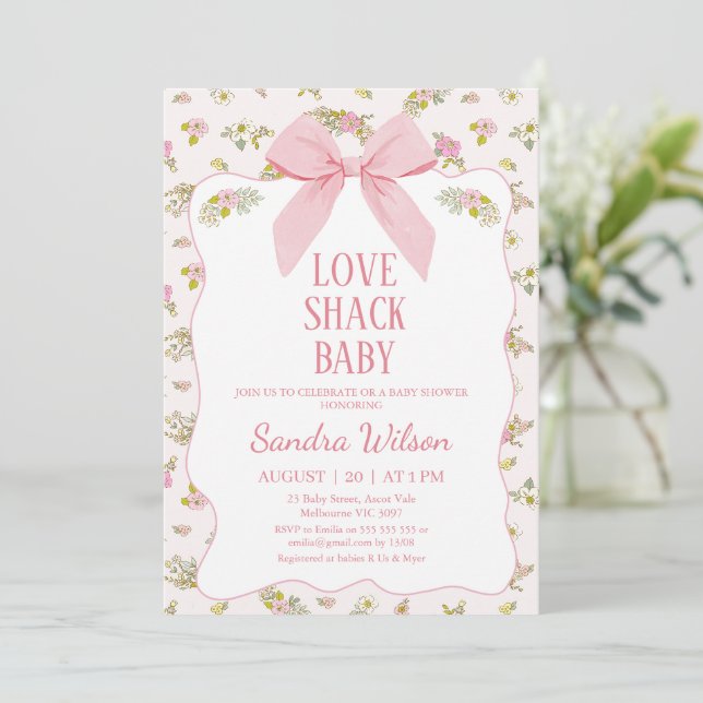 Invitation Floral Pink Bow Love Shack Baby shower bébé (Debout devant)