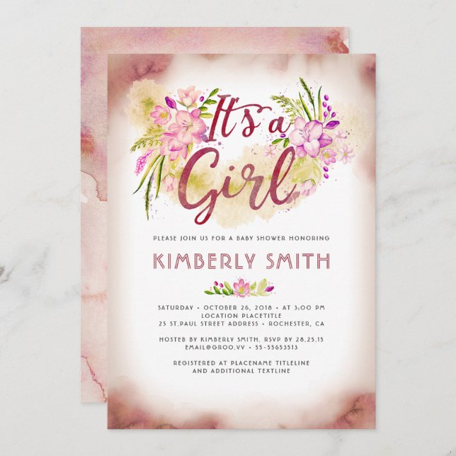 Invitation Floral Pink - C'est un Baby shower féminin (Devant / Derrière)