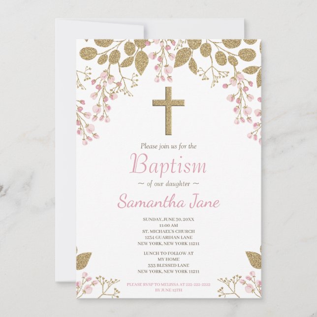 Invitation Floral Pink Gold Cross Baby Girl Baptism (Devant)