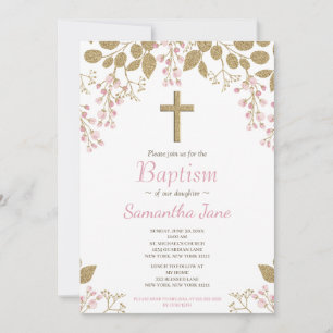 Invitation Floral Pink Gold Cross Baby Girl Baptism