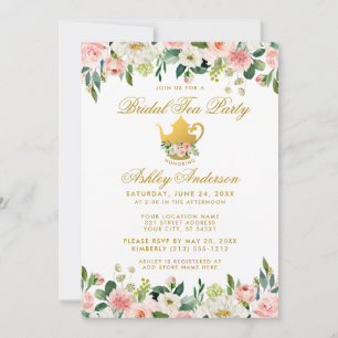 Invitation Floral Pink Gold Fête des mariées Tea Party Invita
