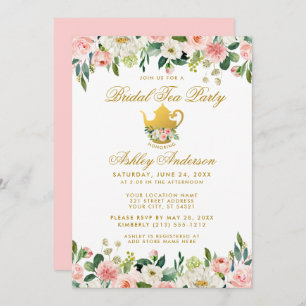 Invitation Floral Pink Gold Fête des mariées Tea Party Invita