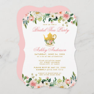 Invitation Floral Pink Gold Fête des mariées Tea Party Invita