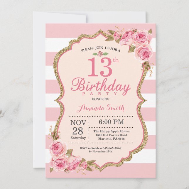 Invitation Floral Pink Peonies 13e anniversaire de fête Invit (Devant)