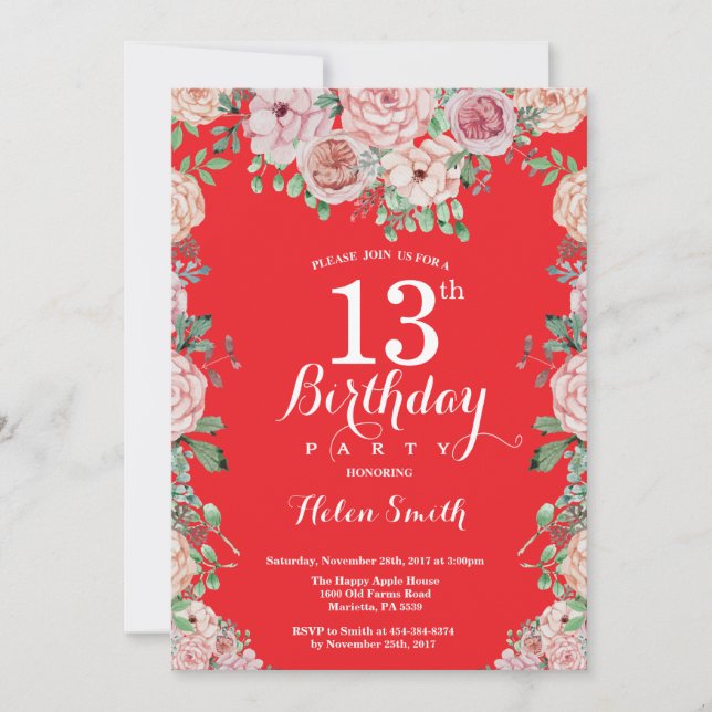 Invitation Floral Pink Peonies 13e Anniversaire Red Invitatio (Devant)