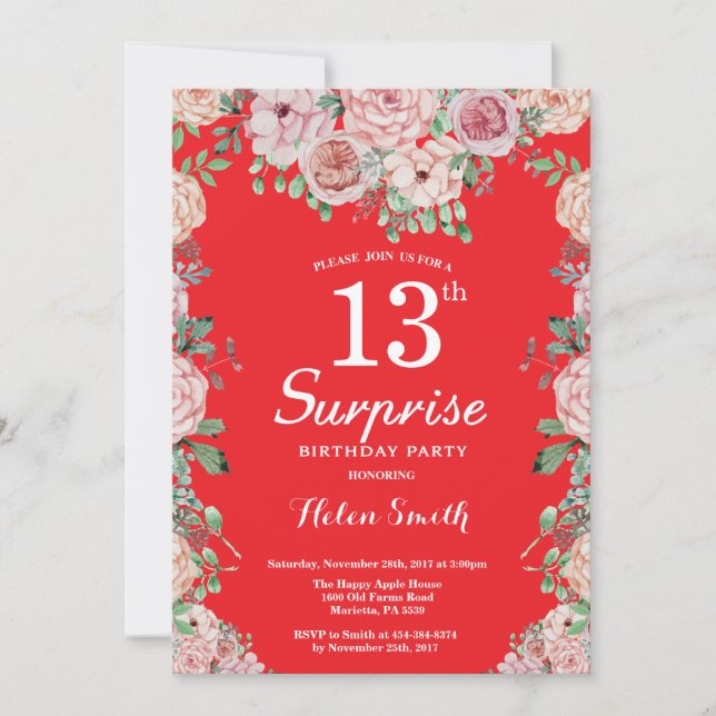 Invitation Floral Pink Peonies 13e Anniversaire Surprise Roug (Devant)