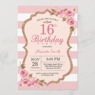 Invitation Floral Pink Peonies 16e anniversaire de fête Invit