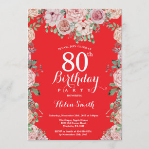 Invitation Floral Pink Peonies 80e Anniversaire Rouge