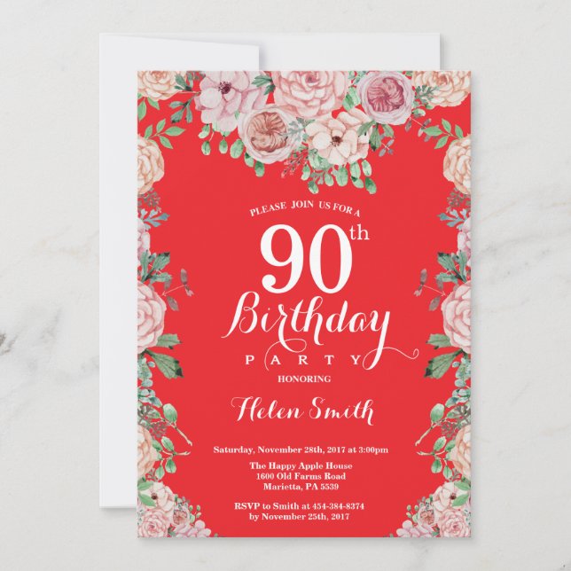 Invitation Floral Pink Peonies 90e Anniversaire Red Invitatio (Devant)
