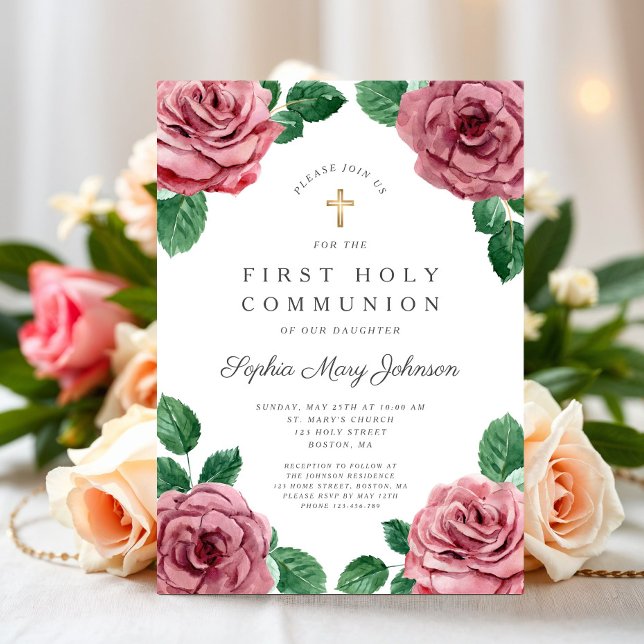 Invitation Floral Pink Peonies Fille Religieux Première Commu (Floral Pink Peonies Girl Religious First Communion Invitation)