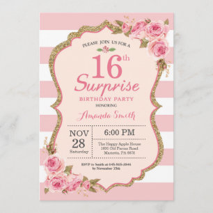 Invitation Floral Pink Peonies Surprise 16e anniversaire