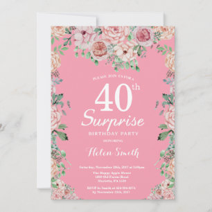 Invitation Floral Pink Peonies Surprise 40e anniversaire