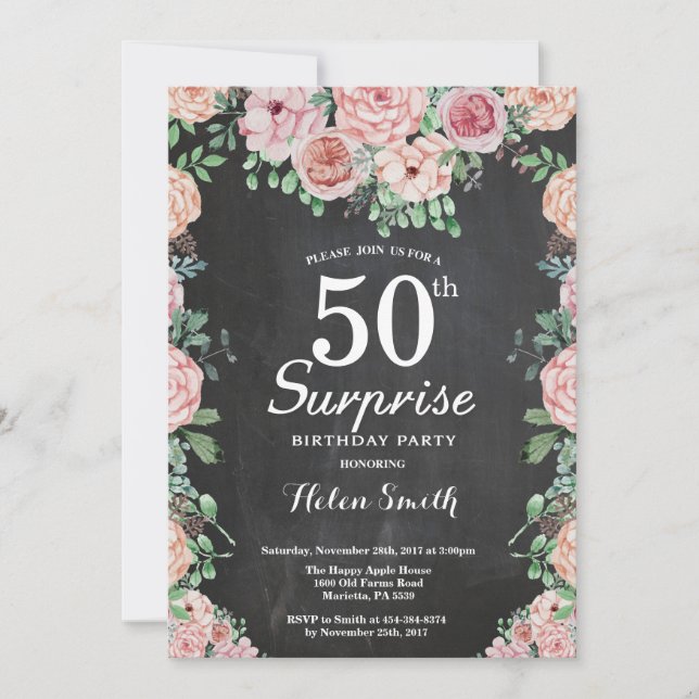 Invitation Floral Pink Peonies Surprise 50e anniversaire (Devant)