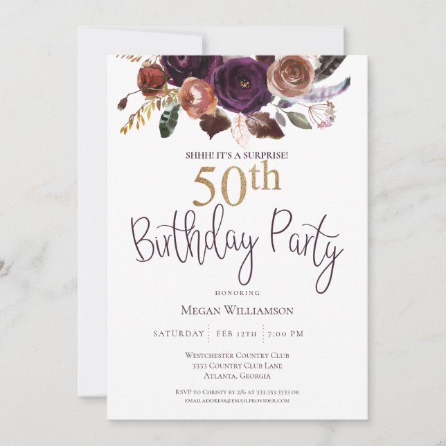 Invitation Floral Plum Gold Surprise 50e anniversaire fête (Devant)