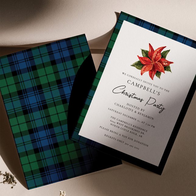 Invitation Floral Poinsettia Plaid Christmas Campbell Tartan (Plaid Floral Poinsettia Campbell Tartan Christmas Party Invitation)