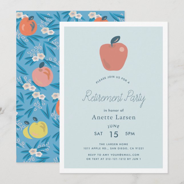 Invitation Floral Pomme Blue retrait enseignant (Devant / Derrière)