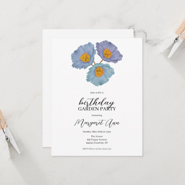 Invitation Floral Poppy bleu moderne Anniversaire Jardin (Devant/Arrière en situation)