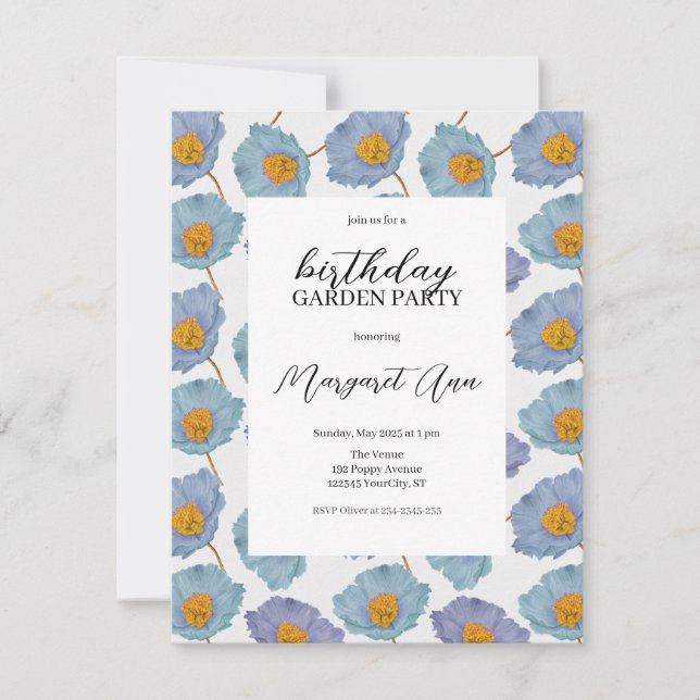 Invitation Floral Poppy bleu moderne Anniversaire Jardin (Devant)