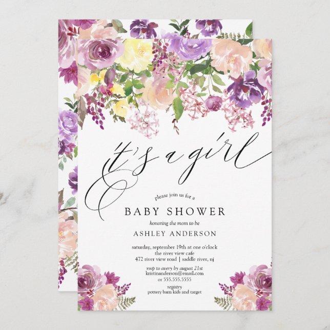 Invitation Floral pourpre C'est un Baby shower de fille (Devant / Derrière)