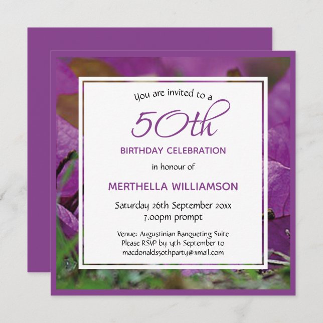 Invitation Floral pourpre Personnalisé 50e anniversaire Carré (Devant / Derrière)
