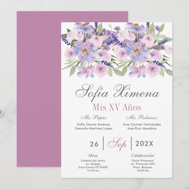 Invitation Floral pourpre Quinceañera espagnol (Devant / Derrière)