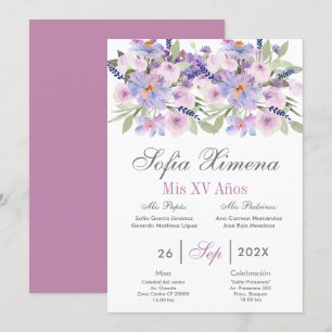 Invitation Floral pourpre Quinceañera espagnol