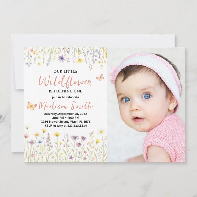 Invitation Floral Premier Anniversaire avec photo (Devant)
