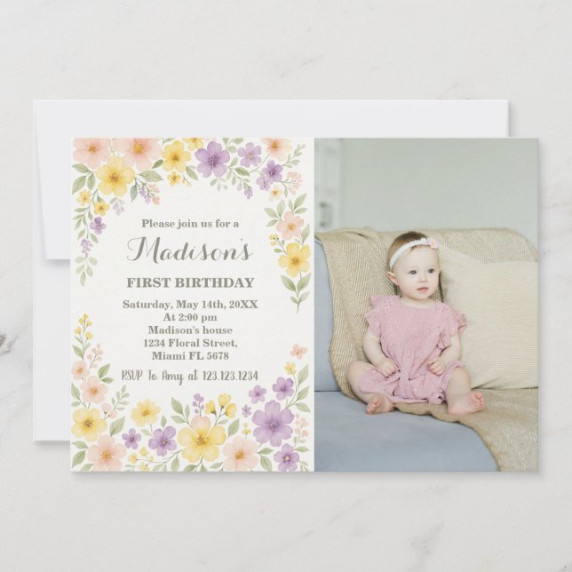Invitation Floral Premier Anniversaire avec photo (Devant)